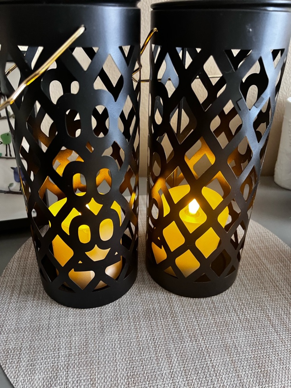 Black Metal Lantern Set with Warm Yellow LED Candles Set of 2